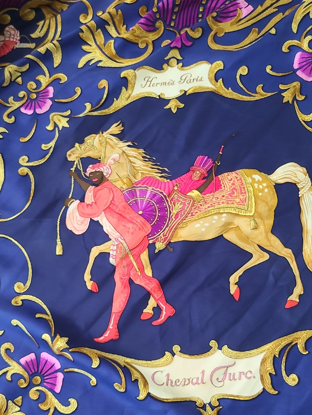 Vintage Hermès Cheval Turc Silk Scarf - Navy, Gold & Pink